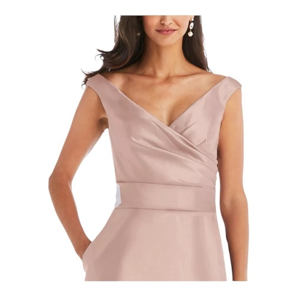 Alfred Sung Off the Shoulder Satin Gown in Toasted Sugar NWT - Picture 3 of 9